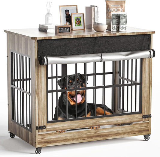 46" Large Dog Crate Furniture, Double Door Wooden Indoor Dog Kennel Furniture, Decorative Pet Cage End Table with Wheels for Extra Large Breed Dogs, Size 2XL, Rustic Brown