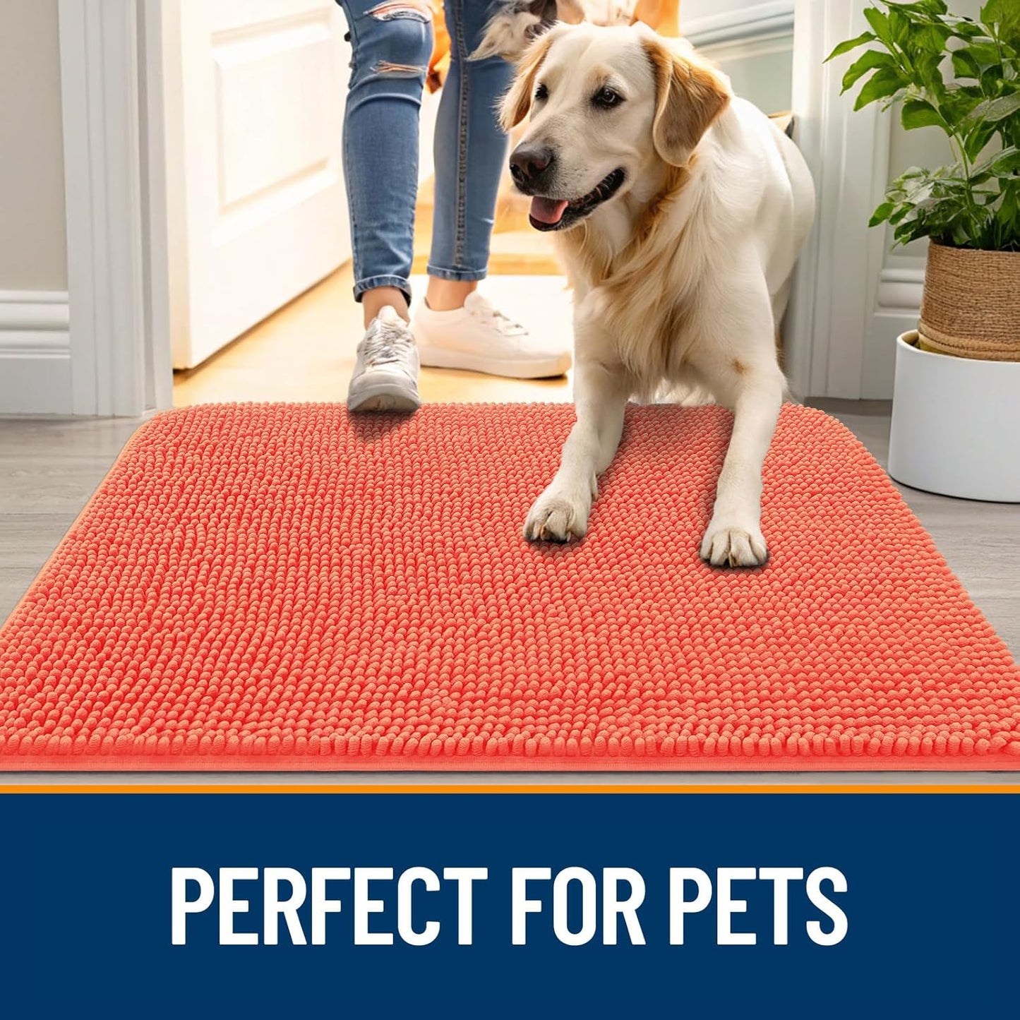 OLANLY Dog Door Mat for Muddy Paws 44x32, Absorbs Moisture and Dirt, Absorbent Non-Slip Washable Doormat, Quick Dry Chenille Mud Mat for Dogs, Entry Indoor Entryway Carpet for Inside Floor, Coral