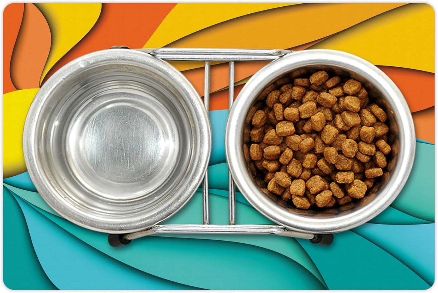 Lunarable Sun Pet Mat for Food and Water, Abstract Sunset and Sunrise Concept Ocean Sea Waves Backdrop, Non-Slip Rubber Mat for Dogs and Cats, 18" X 12", Turquoise Orange