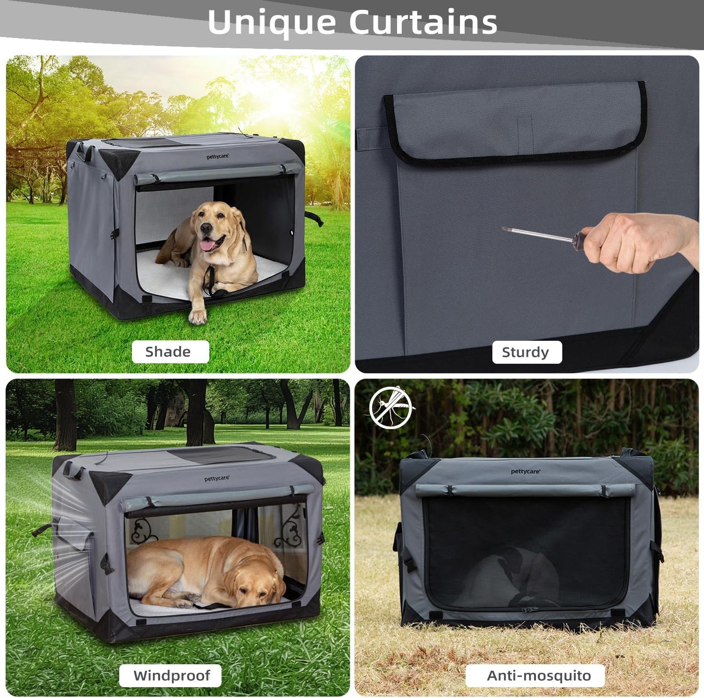 Pettycare 36 Inch Collapsible Dog Crate with Curtains Travel Dog Crate for Airflow and Calm Soft Pet Kennel with Portable Bag and More Chew Proof Mesh Indoor & Outdoor Grey 4 Door Curtains
