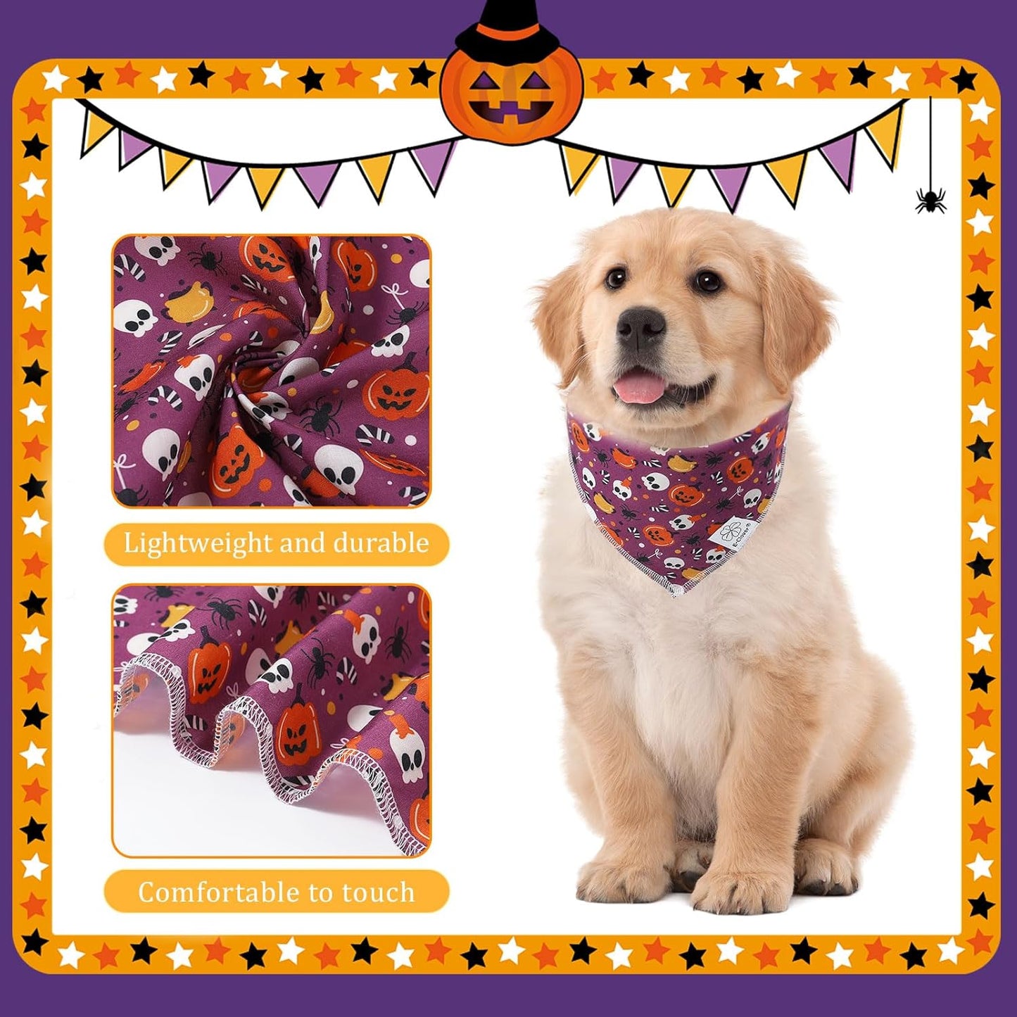 E-Clover Halloween Dog Bandanas & Matching Scrunchie Set Girl Cute Pumpkin Dog Scarf Bibs Pet Bandana with Bow Tie for Small Dogs Puppy Owner Mom Purple Orange