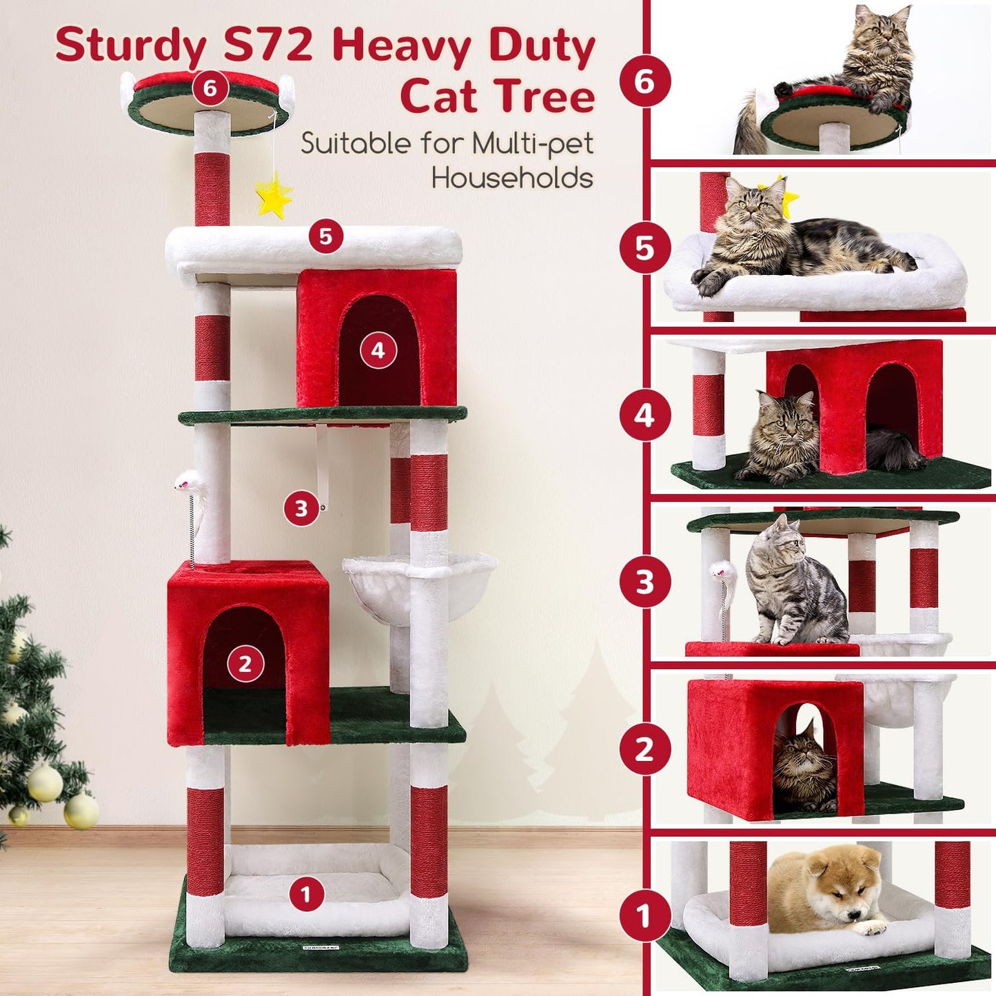 Globlazer Heavy Duty Cat Trees for Large Cats, Sturdy 72in Maine Coon Cat Tree for Large 20 lbs+ Heavy Duty Cat Tower for Adult Biggest Cats with 6 Scratching Posts, Hammock, S72, Red White Green