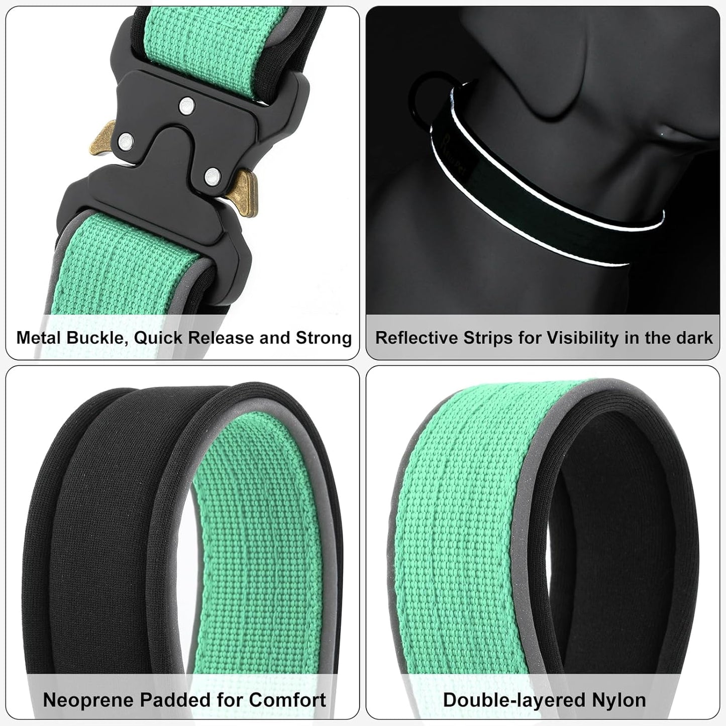 Plutus Pet Tactical Dog Collar, Reflective, Adjustable Heavy Duty Dog Collar, Soft Padded and Comfortable, for Small Medium and Large Dogs (Teal, L)