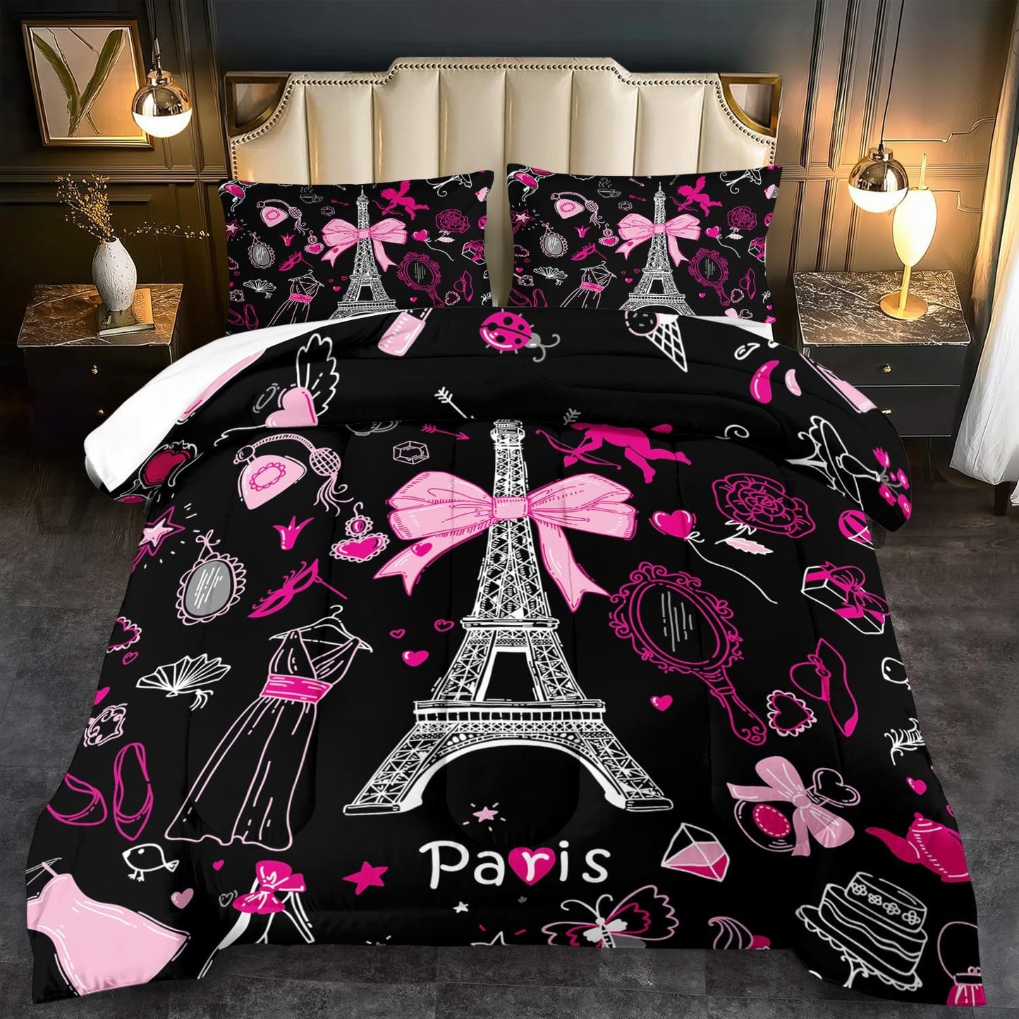 Eiffel Tower Comforter Set Twin Size,Eiffel Tower Bedding Set for Girls, Pink and Black Paris Themed Comforter Bedroom Decor,Paris Quilt French Style Romantic Bedding