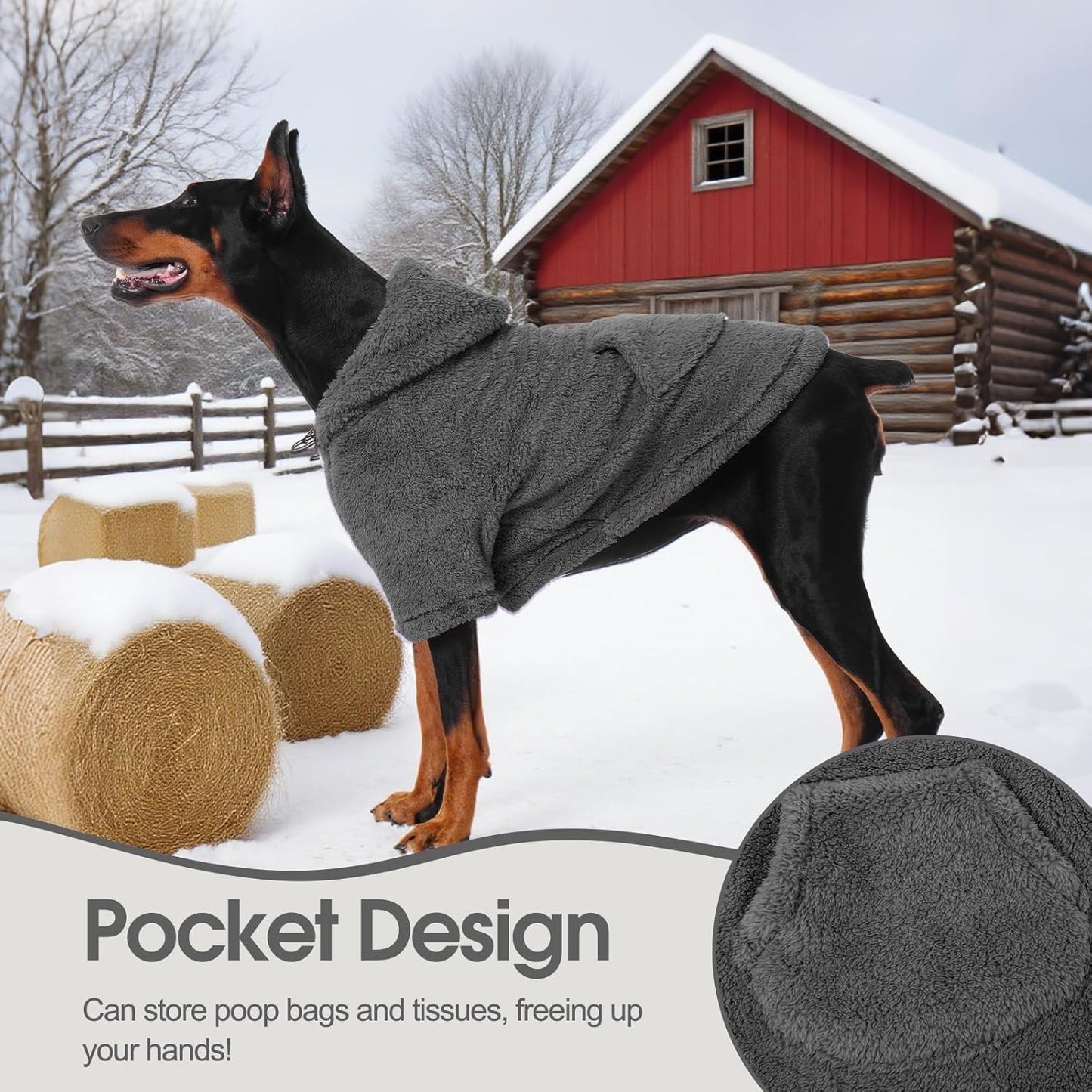 IDOMIK Fuzzy Dog Sweater with Adjustable Hood, Warm Fleece Dog Sweater Hoodie with Harness Hole & Pocket, Pullover Sweaters for Large Dogs, Fuzzy Hooded Sweatshirt for Fall Winter Christmas,Grey,3XL