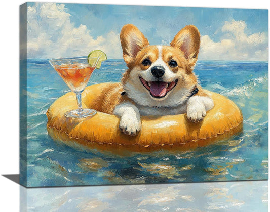 Ocean Funny Corgi Dog Pictures Wall Art, Bathroom Cute Dog Wall Decor Sea Coastal Framed Painting Beach Canvas Artwork for Bathroom Bedroom Living Room Decorations 20"L x 16"W