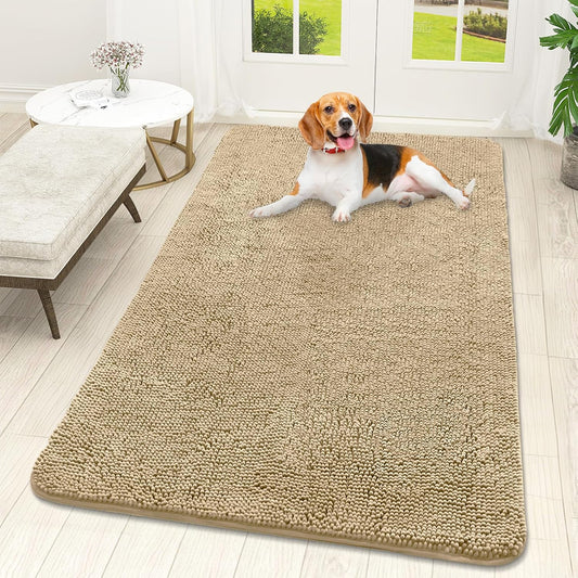 OLANLY Dog Door Mat for Muddy Paws 59x32, Absorbs Moisture and Dirt, Absorbent Non-Slip Washable Doormat, Quick Dry Chenille Mud Mat for Dogs, Entry Indoor Entryway Carpet for Inside Floor, Beige