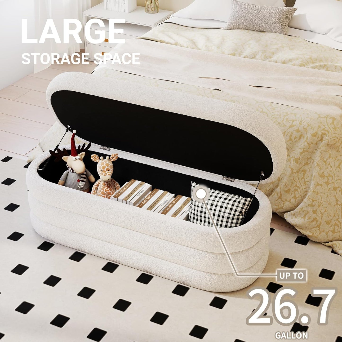 Storage Ottoman Bench 49.2 Inch Upholstered Fabric Storage Bench for Bedroom End of Bed Aesthetic Large Oval Ottoman for Living Room Entryway (Ivory)
