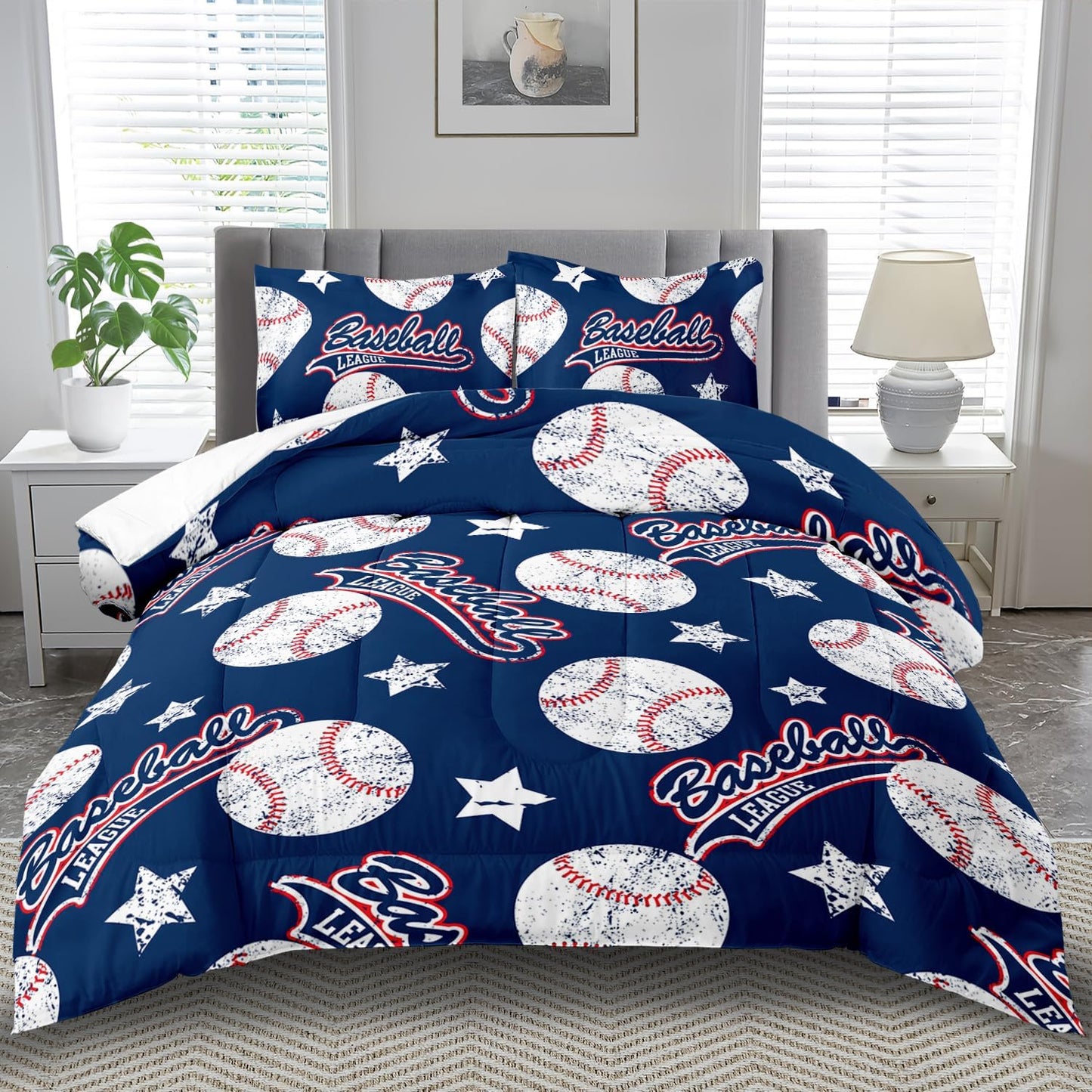 Baseball Comforter Set Queen,Sports Bedding Sets for Boys,Blue Sports Comforter Queen Bedroom Decor,Baseball Bedding Teen for All Seasons,Blue Quilt Kids Bedroom Decor