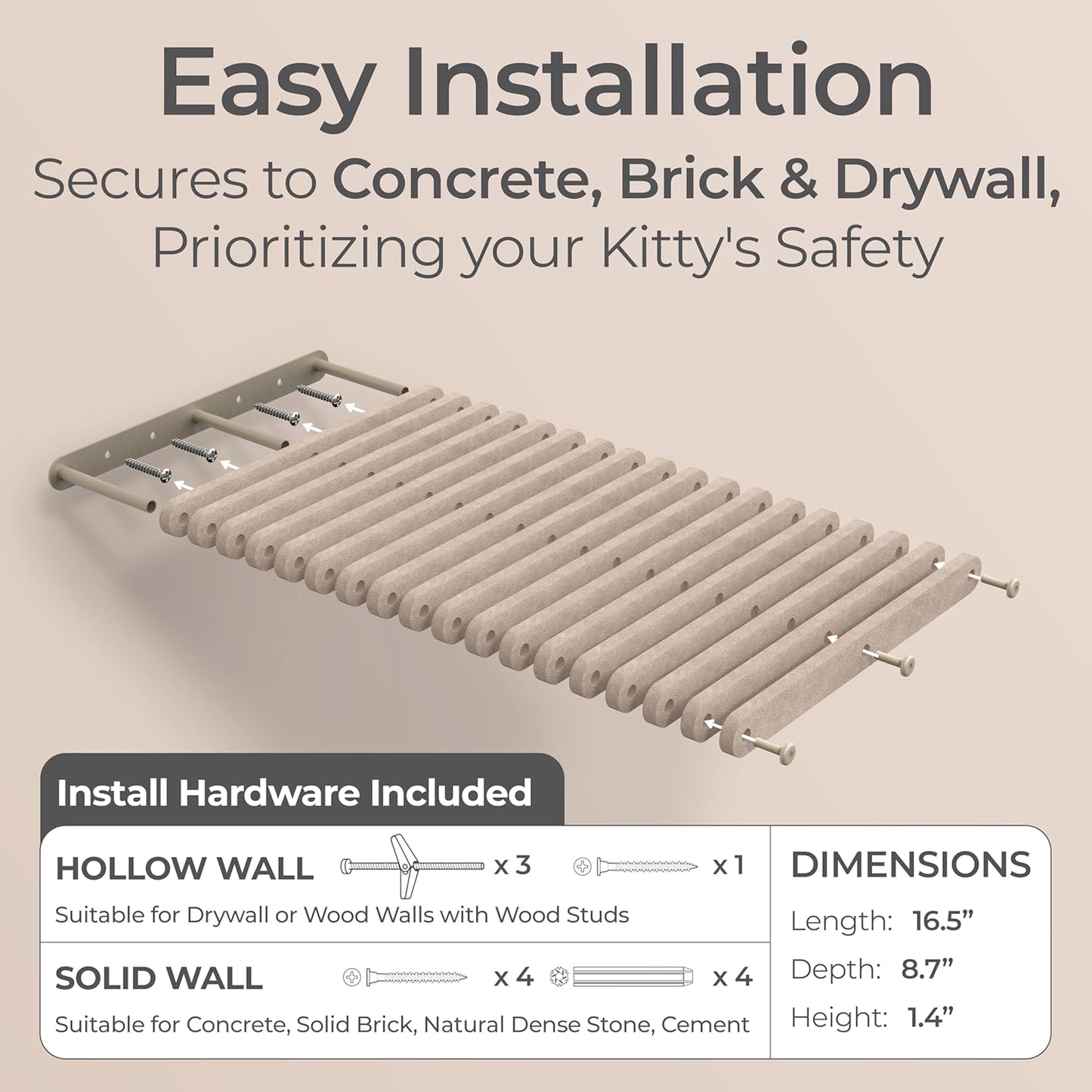 Wall Mounted Cat Perch Long Shelf by Pryde Pets - Floating Hammock Bed, 100% Sustainable PET Felt Feline Enrichment Climber Furniture for Indoor Cats, Modern Climbing Gym Jungle Design (Oatmeal)