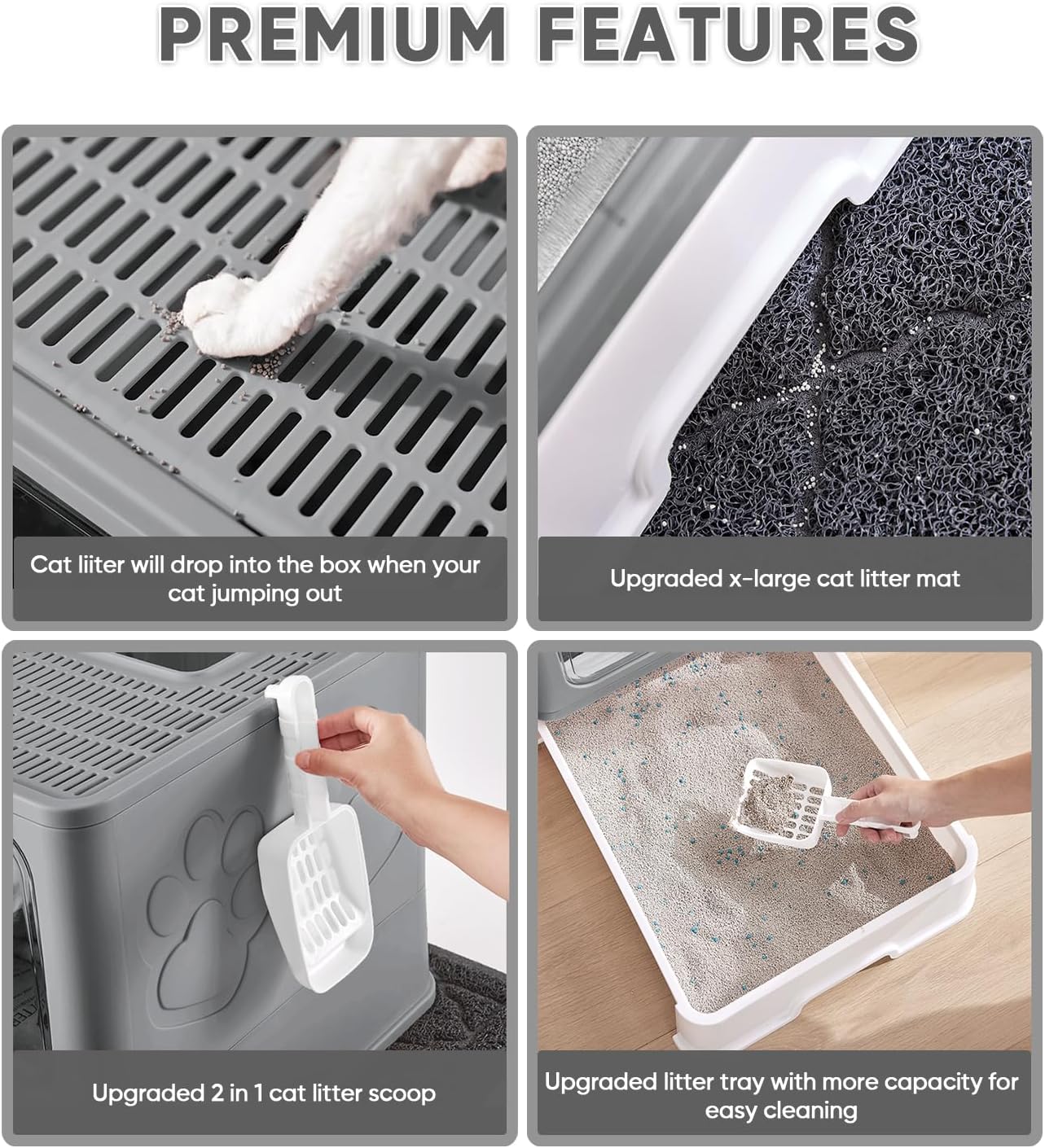 Cat Litter Box with X-Large Litter Mat and Scoop, Large Foldable Litter Box with Lid, Enclosed Kitty Box,Front Top Entry Exit, Odor Control Easy to Clean (Upgrade Dark Grey)