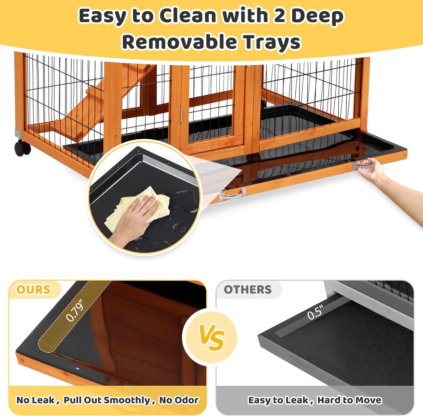 Indoor Rabbit Hutch Outdoor Bunny Hutch with Wheels, 2 Pull-Out Trays, Waterproof Openable Roof, 39" L Large 2-Level Wooden Rabbit Cage Small Animal Enclosure, Orange