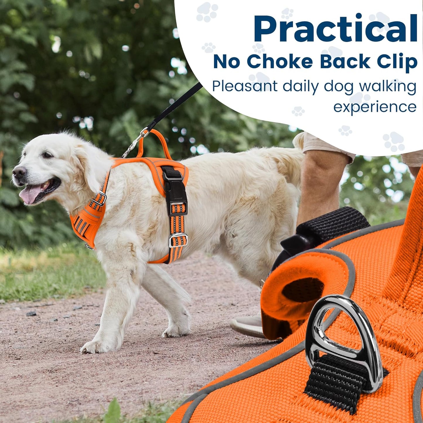 Funfox Dog Harness No Pull, Adjustable Pet Vest Harness, Super Soft Material with Vertical Handle Easy Control, Reflective Night Walking, 2 Leash Clips for Large Dogs, Orange, L