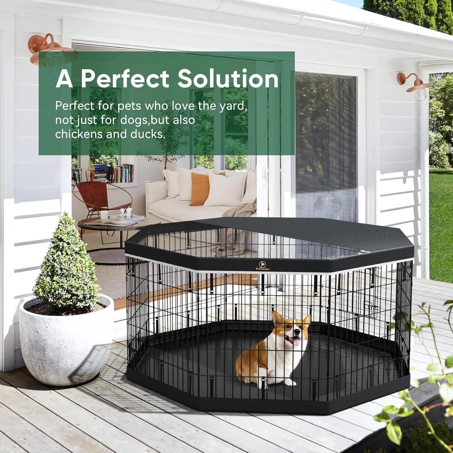 PJYuCien Dog Playpen, 8 Panels 30’’H Dog Pens Indoor with Bottom Pad and Top Cover, Metal Foldable Pet Puppy Exercise Fence Crate Kennel, Better for Small Animals,Black