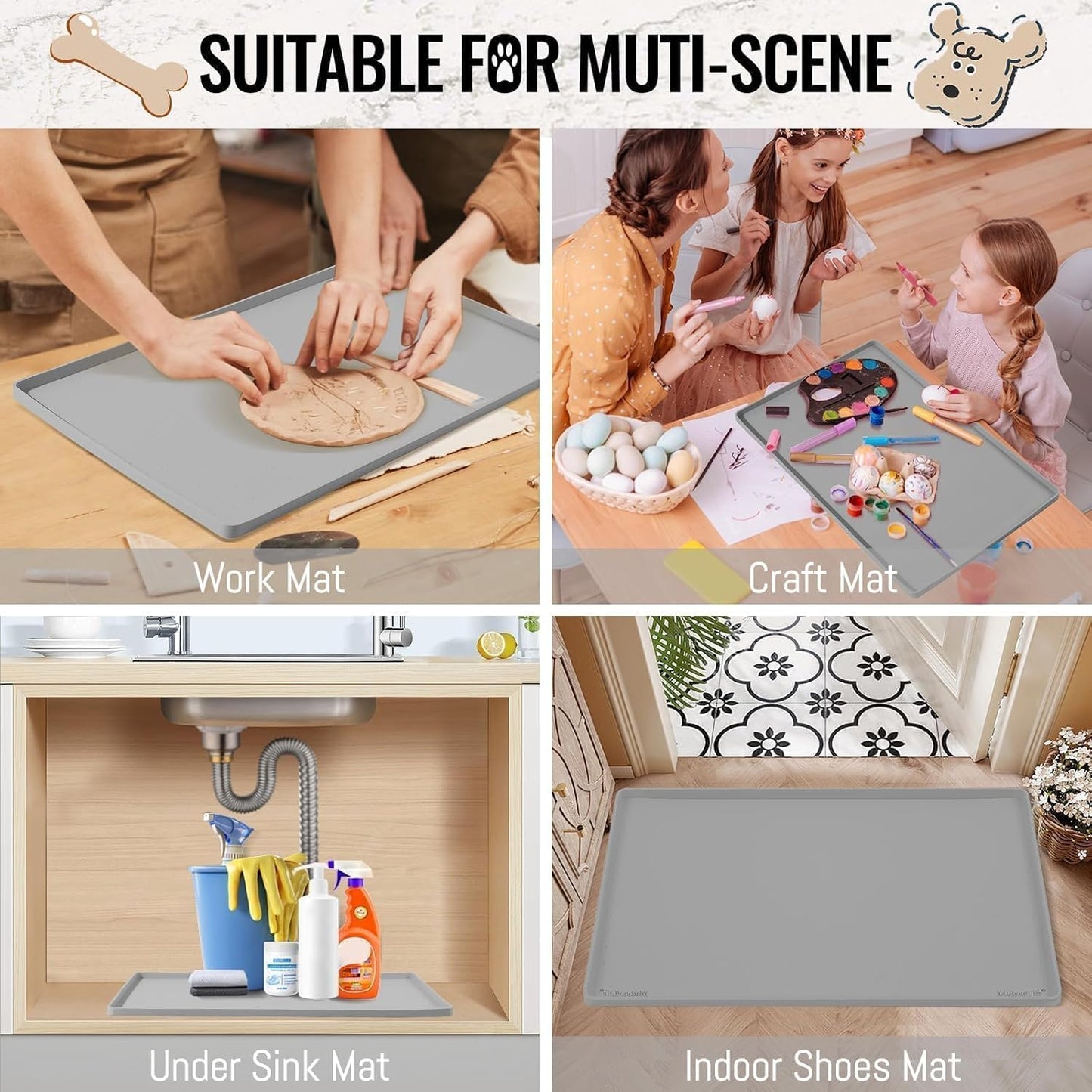 MateeyLife Cat & Dog Food Mat - Waterproof, Non-Slip Bowl Mat with Raised Edges, Silicone Matt Tray for Messy Drinkers, 22"x14", Grey