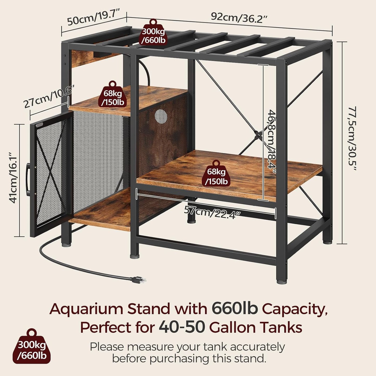 40-50 Gallon Fish Tank Stand, Aquarium Stand with Power Outlet and Storage Cabinet, Heavy Duty Tank Stand Suitable for Turtle Tank, Reptile Terrarium, for Home Office, Rustic Brown FTHR50E01