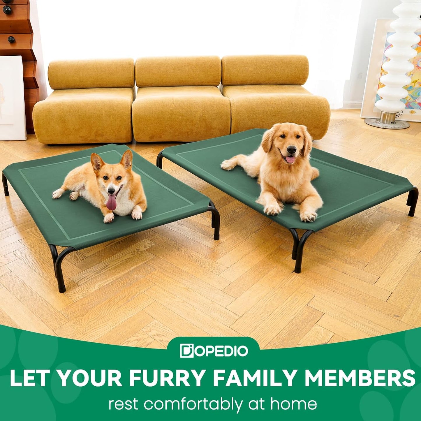 Elevated Dog Bed Raised Outdoor Dog Cot for Large Dogs, Installation Requires No Tools, Frame with Washable Cooling Breathable Mesh Anti-Slip Feet, Indoor Pet Bed, Green, 43.3 Inches