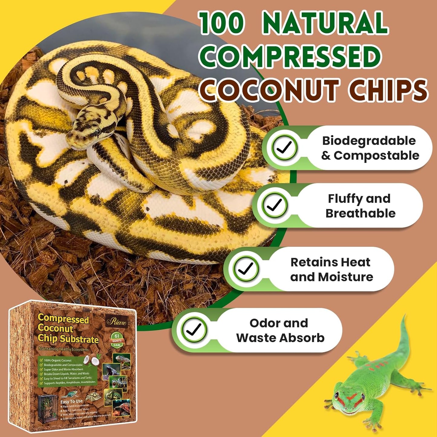 Riare 8.8LB Coconut Chip Substrate for Reptiles, 60 Quart Coconut Fiber Substrate Coco Chips Substrate Coconut Husk Bedding for Snakes, Tortoises, Ball Python, Bearded Dragon, Geckos, Lizards, Frogs