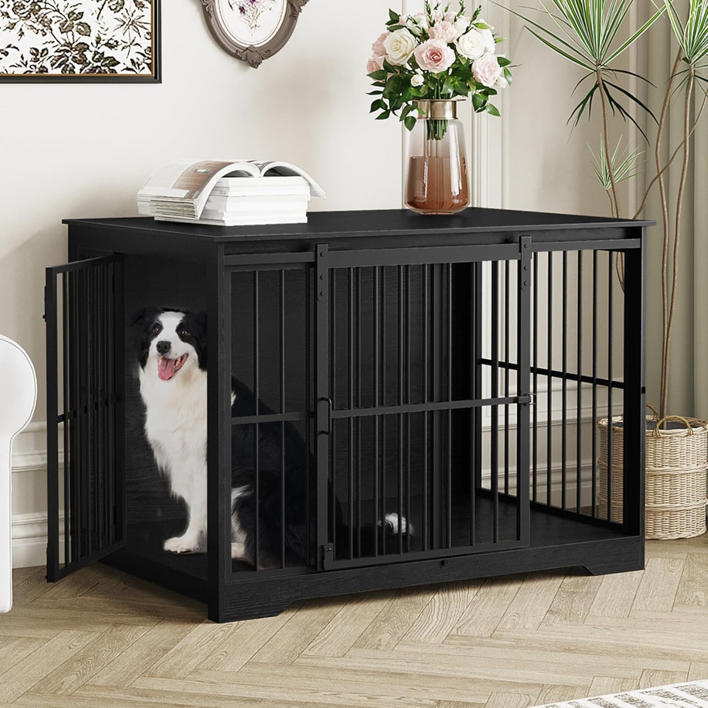 XL Large Dog Crate Furniture, 44.1" Indoor Dog Kennel Furniture with Barn Door, Wooden Tall Dog Crate, Heavy Duty Dog Cage for Large Dogs, Side End Table, Anti-Chew, Black DFC80104B