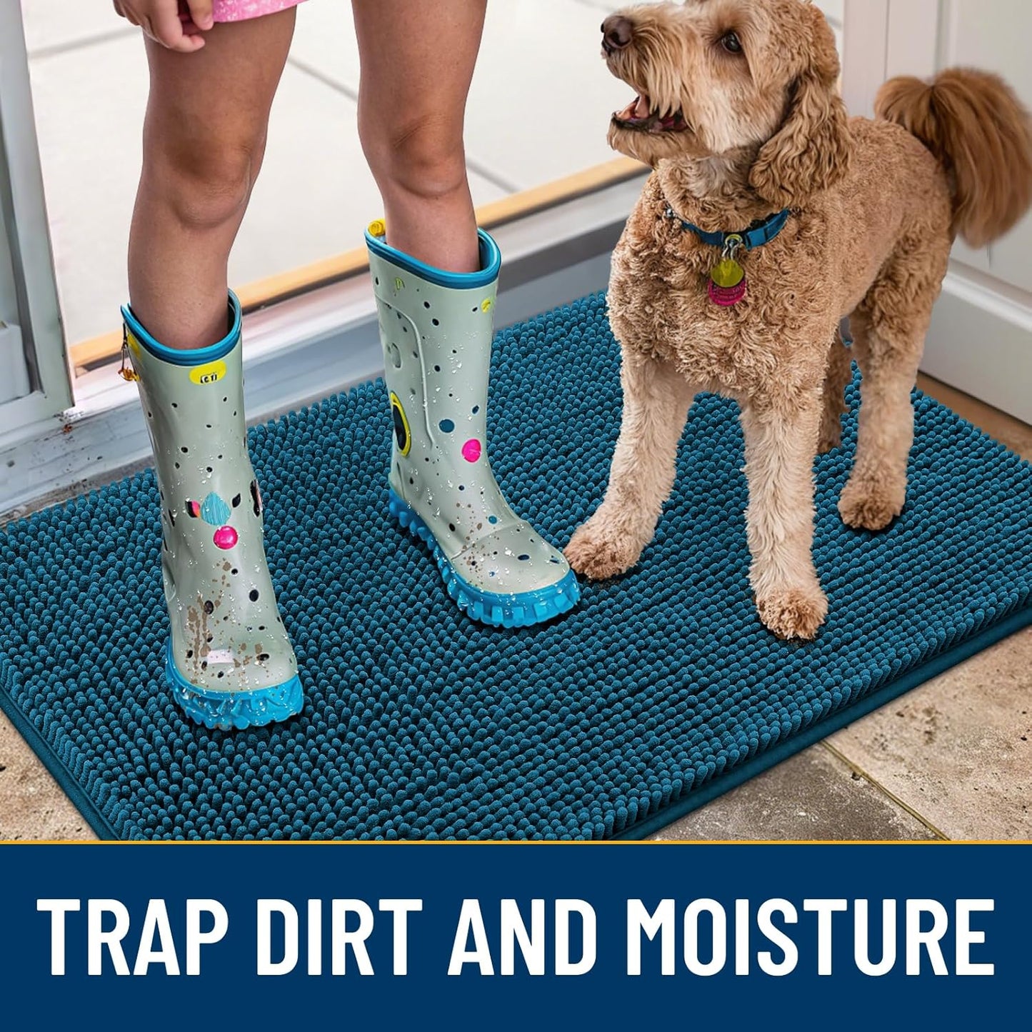 Smiry Dog Door Mat for Muddy Paws 47x24, Absorbs Moisture and Dirt Doormat, Non-Slip Washable Quick Dry Chenille Front Door Mat Indoor Entrance, Entryway Carpet for Inside Floor, Atlantic Blue