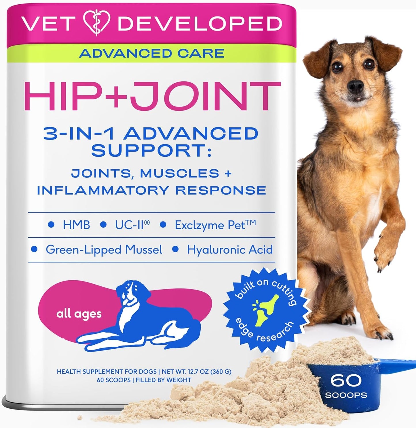Native Pet Advanced Care - Hip & Joint Supplement for Dogs - Supports Joints, Cartilage, Muscles & Anti-Inflammatory with HMB, UC-II Collagen, Green Lipped Mussel & Hyaluronic Acid - 60 Scoops