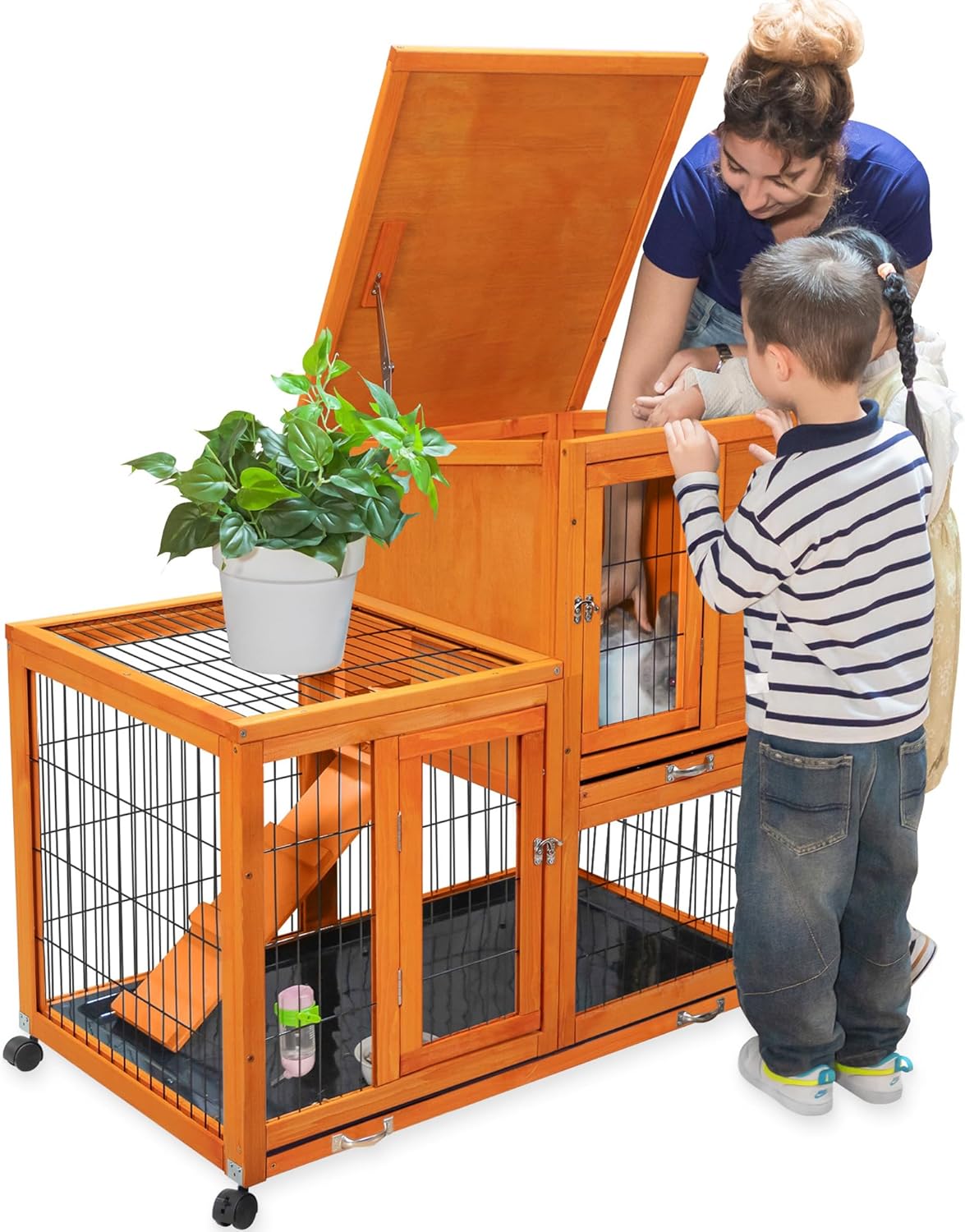 Indoor Rabbit Hutch Outdoor Bunny Hutch with Wheels, 2 Pull-Out Trays, Waterproof Openable Roof, 39" L Large 2-Level Wooden Rabbit Cage Small Animal Enclosure, Orange