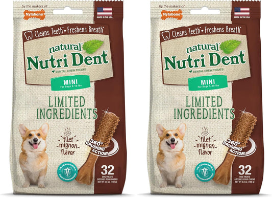 Nylabone Nutri Dent Dog Dental Chews - Natural Dog Teeth Cleaning & Breath Freshener - Dental Treats for Dogs - Filet Mignon Flavor, Mini (32 Count) (Pack of 2)
