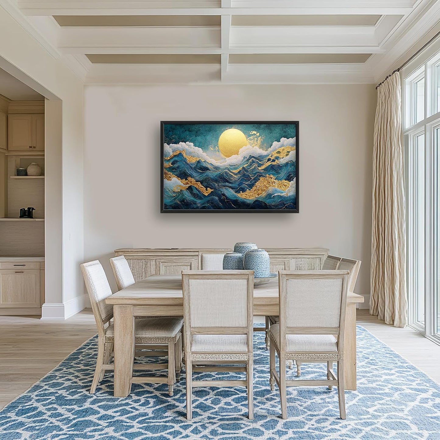 Framed Large Sun Mountain Wall Art, Oversized Teal and Golden Sun Wall Decor for Living Room, Abstract Landscape Canvas Painting Modern Artwork Home Decoration for Living Room Bedroom 36"x24"