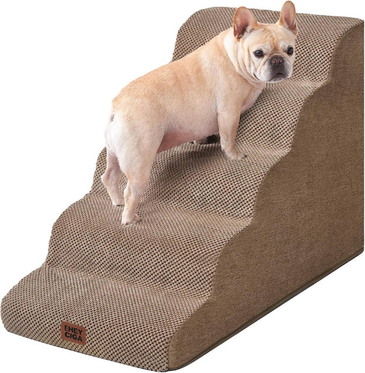 EHEYCIGA Curved Dog Stairs Ramp for High Beds, 5-Step Extra Wide Dog Steps for Small Dogs and Cats, Pet Stairs for High Bed Climbing, Non-Slip Balanced Pet Step Indoor, Camel