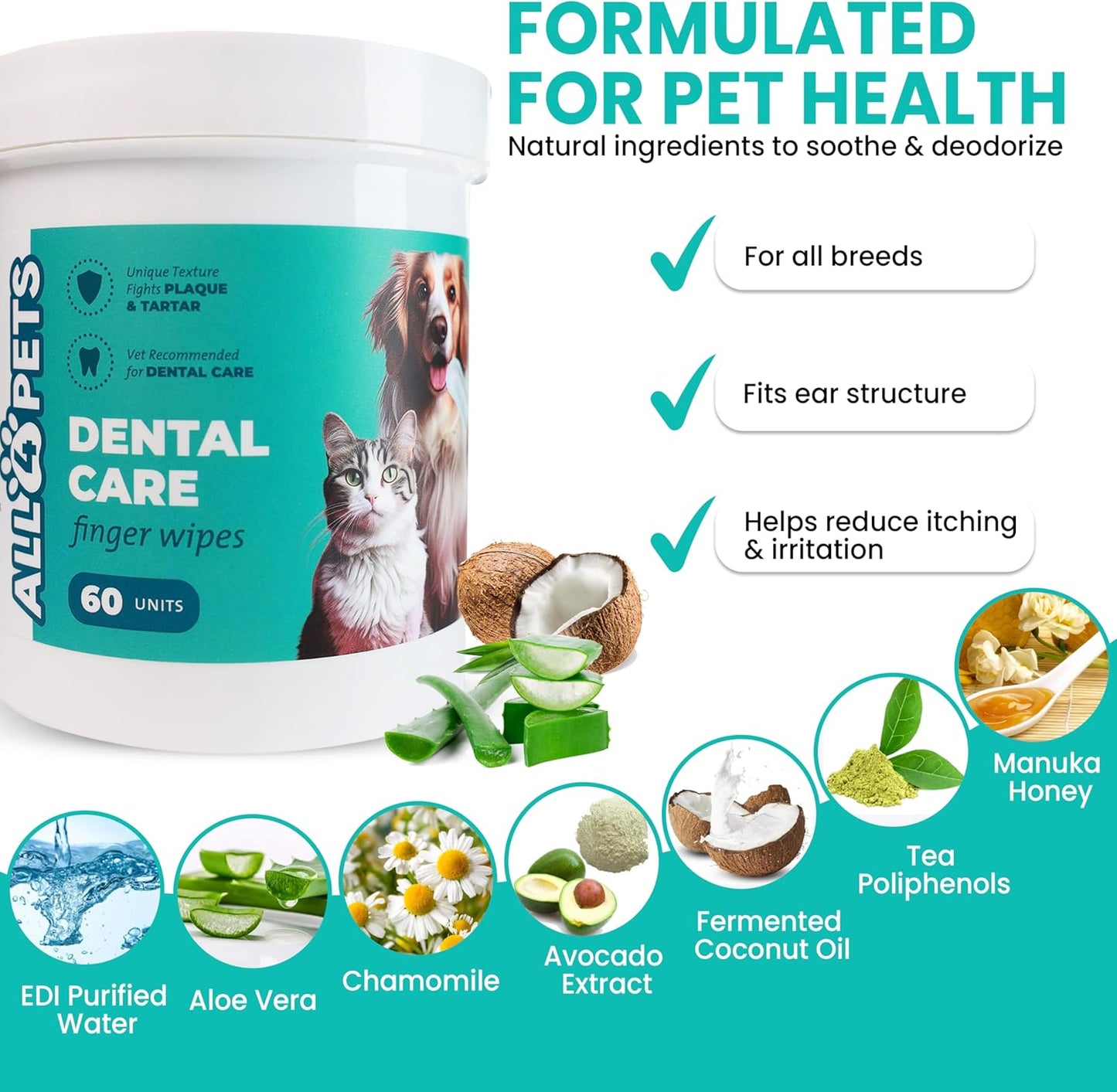 Dog Dental Wipes – 60 Count Natural Pet Dental Finger Wipes for Dogs, Cats – Odorless and Safe Dog and Cat Teeth Cleaning Wipes – Dental Wipes for Dogs Teeth Supports Dental Care, Gum Care