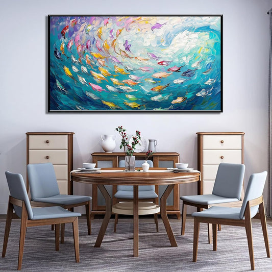 Fish Canvas Wall Art, Abstract School of Fish Canvas Wall Art, School of Fish Painting Canvas, School of Fish Wall Art, Fish Wall Decor, Fish Pictures Wall Decor, Bedroom Canvas Wall Decor (Black Framed, 48"x27" | 122x68cm)