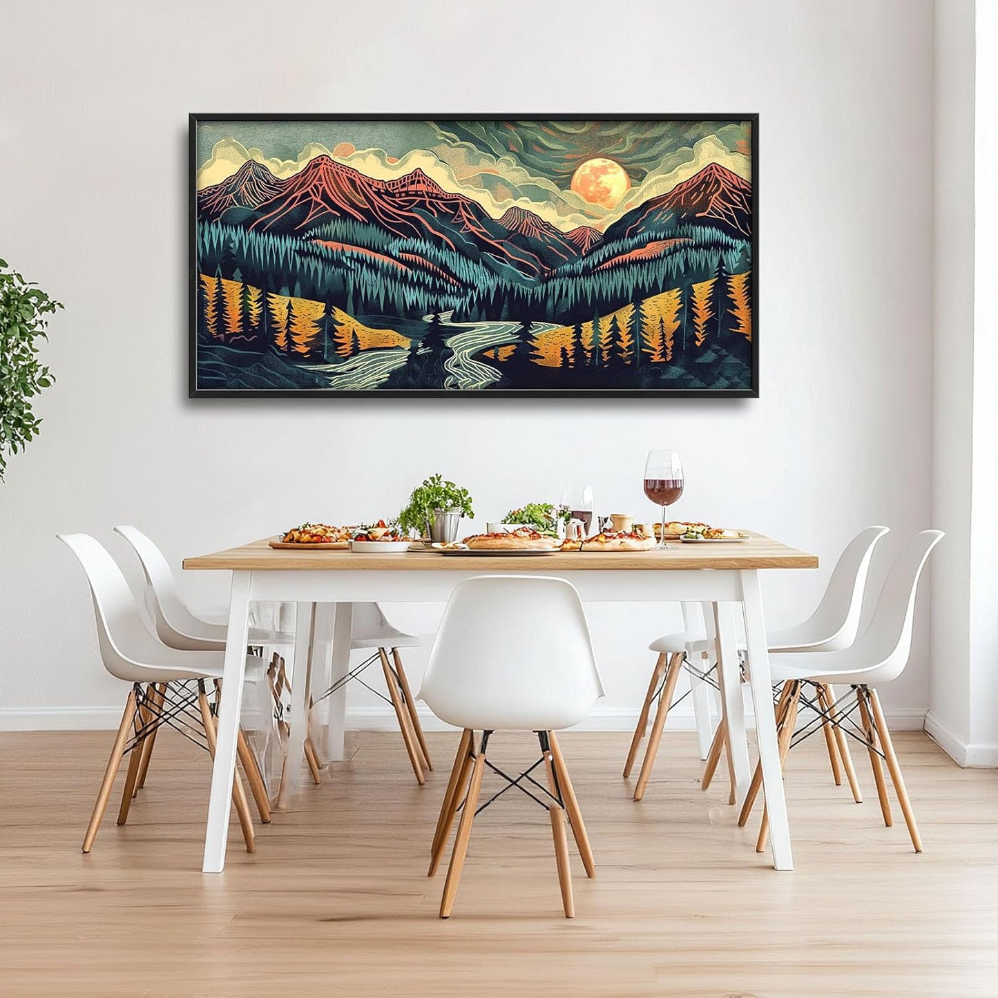 Quorin Boho Mountain Large Wall Art Abstract Pictures Lake Pine Tree Forest Foggy Sunset Wall Decor Nature Landscape Canvas Print Painting Artwork for Bathroom Living Room Bedroom 60L x 30W