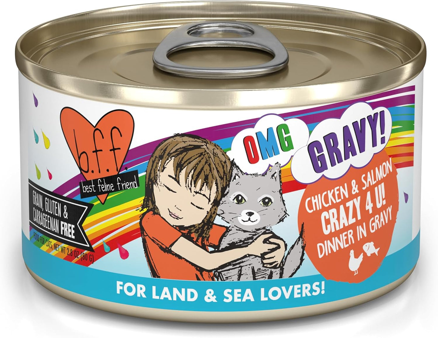 Weruva B.F.F. OMG - Best Feline Friend Oh My Gravy! Grain-Free Wet Cat Food Cans, Crazy 4 U! Chicken & Salmon, 2.8oz Can (Pack of 12)
