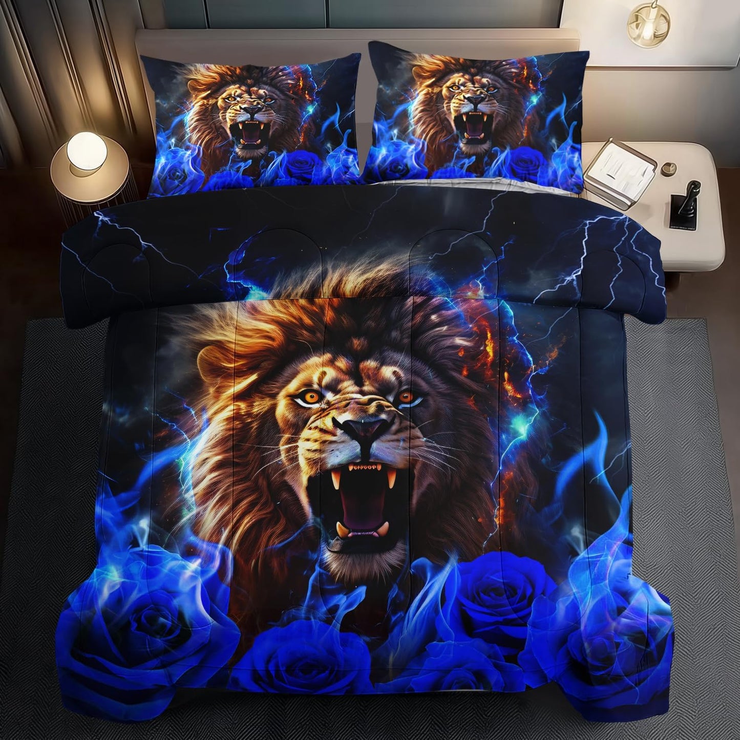 Lion Blue Comforter Set Twin,Lion Bedding Set Boys,Animal Print Comforter Bedroom Decor for Home,Vintage Floral Quilt,Blue Flower Bedding Adult,Tiger Quilt Bed Decor Teen
