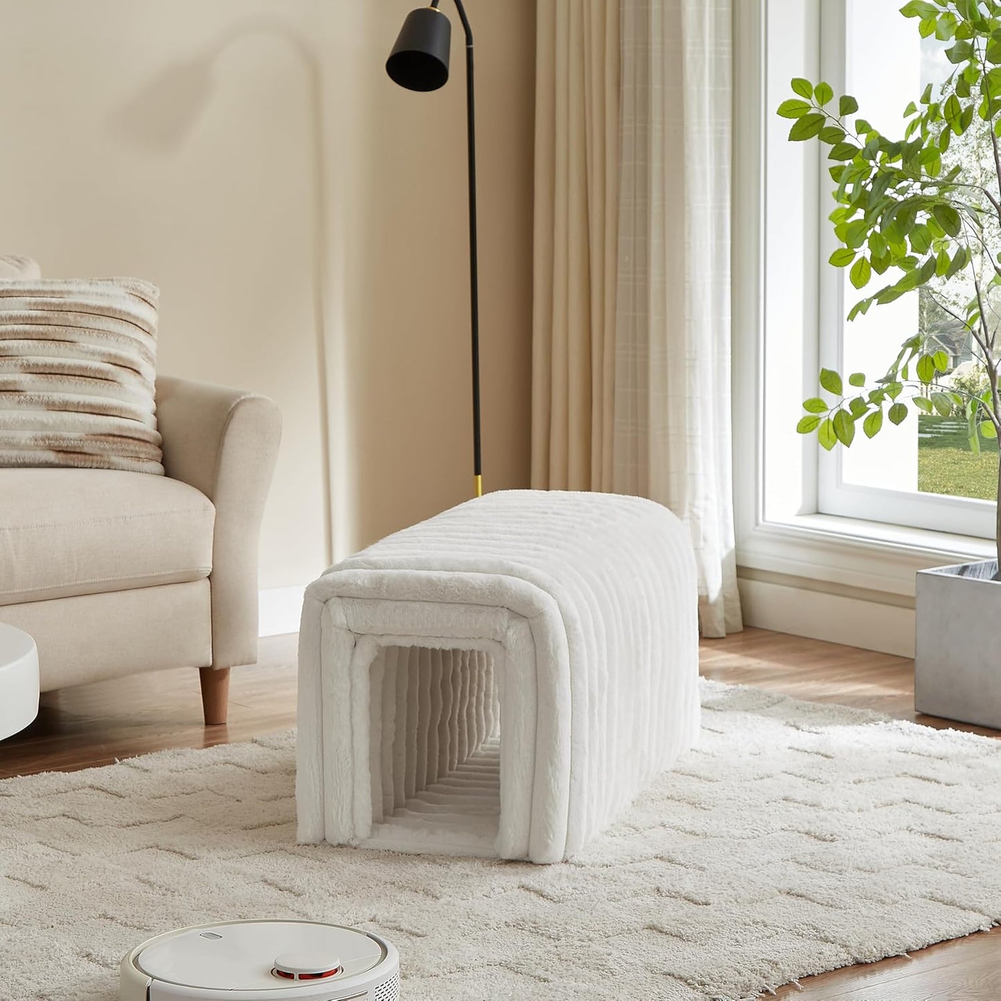 Storage Bench Pet Supplies Corduroy Bench Cat's nest to Hide for The Living Room, Entryway and Bedroom (Beige)