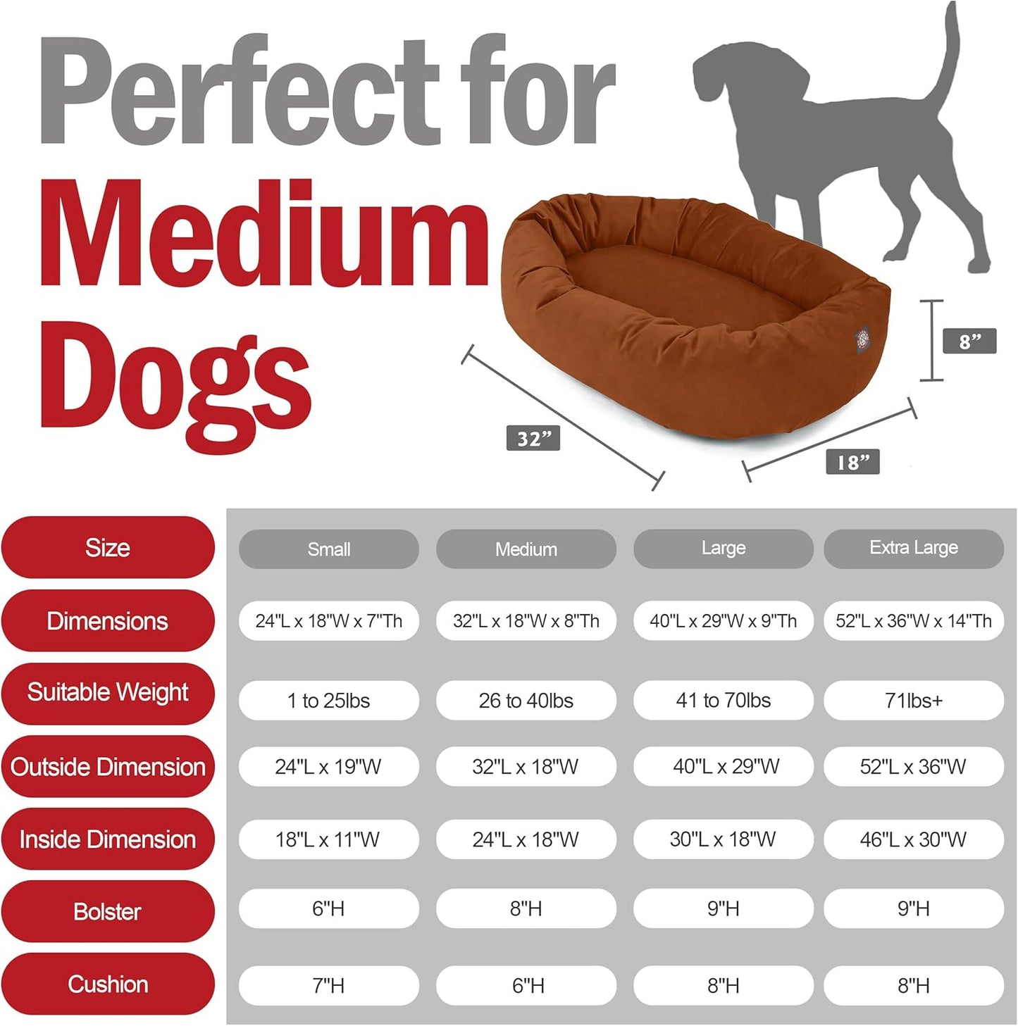 Majestic Pet 32 Inch Suede Shredded Memory Foam Mix Calming Medium Dog Bed Washable 32 x 23 x 7 (Inch) - Cozy Soft Round Donut Dog Bed with Spine for Head Support - Pet Bed Rust