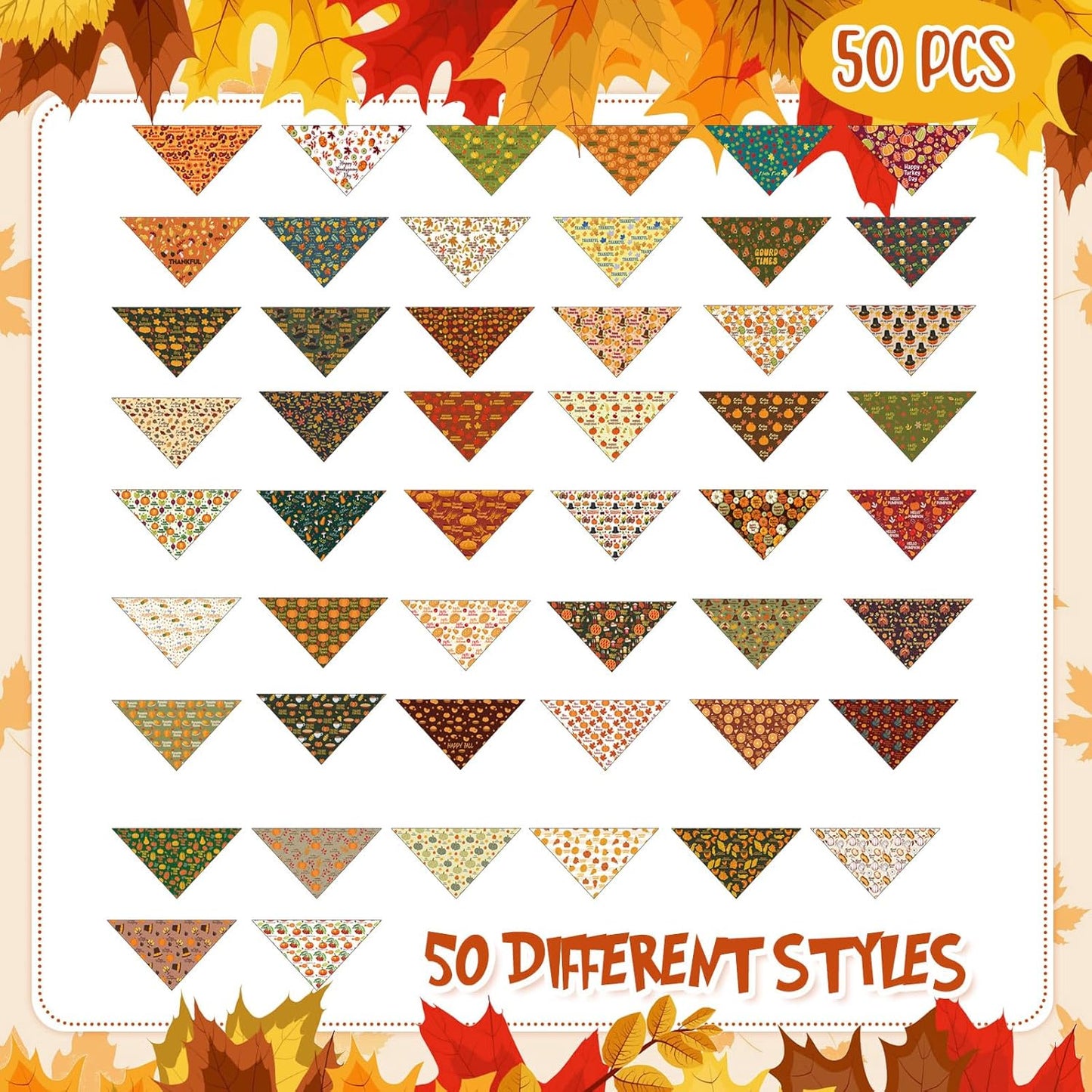 Abbylike 50 Pcs Fall Dog Bandanas Bulk Pet Scarfs Triangle Bibs Adjustable Washable Puppy Kerchief Seasonal Pet Costume Accessories Grooming Supplies for Small Medium Large Dogs Cats