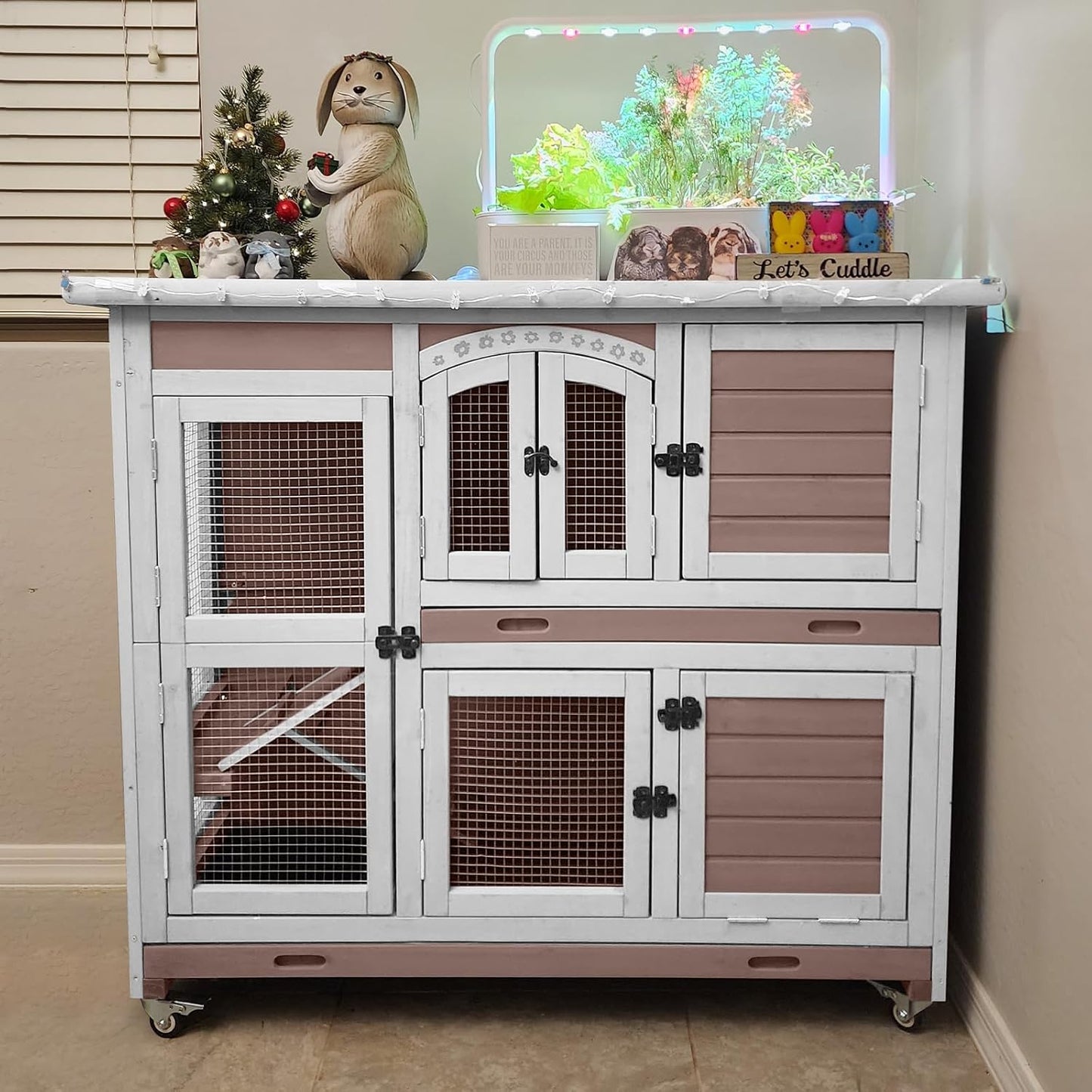 Rabbit Hutch Indoor Bunny Cage Outdoor with Casters, Guinea Pig Cage for Small Animals, Bunny Hutch with Two Plastic Trays 47inch