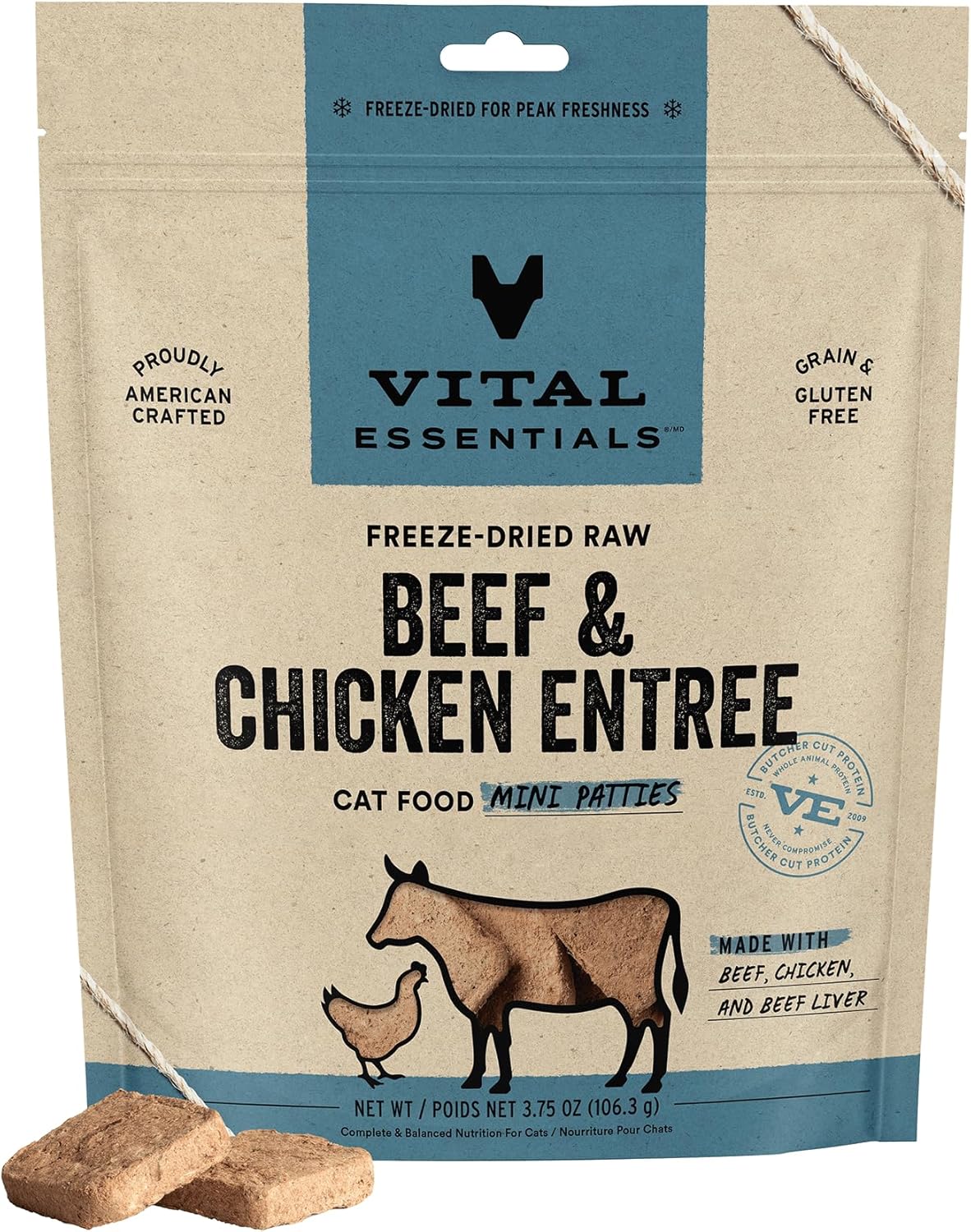 Vital Essentials Freeze Dried Raw Cat Food, Beef & Chicken Mini Patties Entree, 3.75 oz