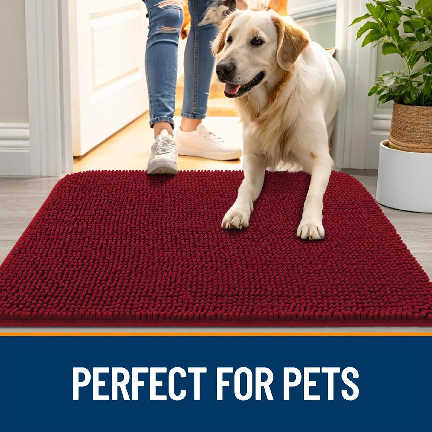 OLANLY Dog Door Mat for Muddy Paws 44x24, Absorbs Moisture and Dirt, Absorbent Non-Slip Washable Doormat, Quick Dry Chenille Mud Mat for Dogs, Entry Indoor Entryway Carpet for Inside Floor, Red