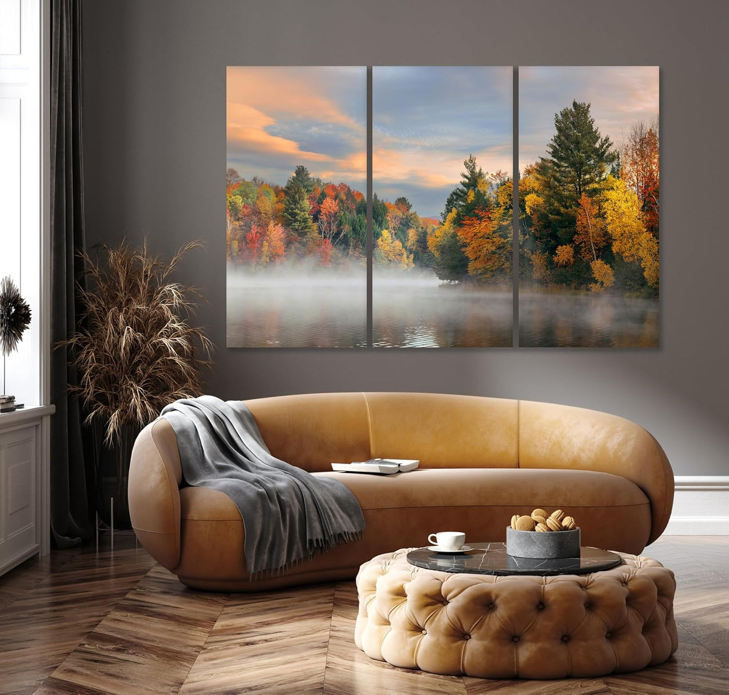 Nature Wall Art Prints - Ocean Forest Mountain Lake Canvas Landscapes - Small to Extra Large Living Room Bedroom Kitchen Bathroom Décor (Misty Fall Reflection, 31L" x 47W" - 3 Panels)