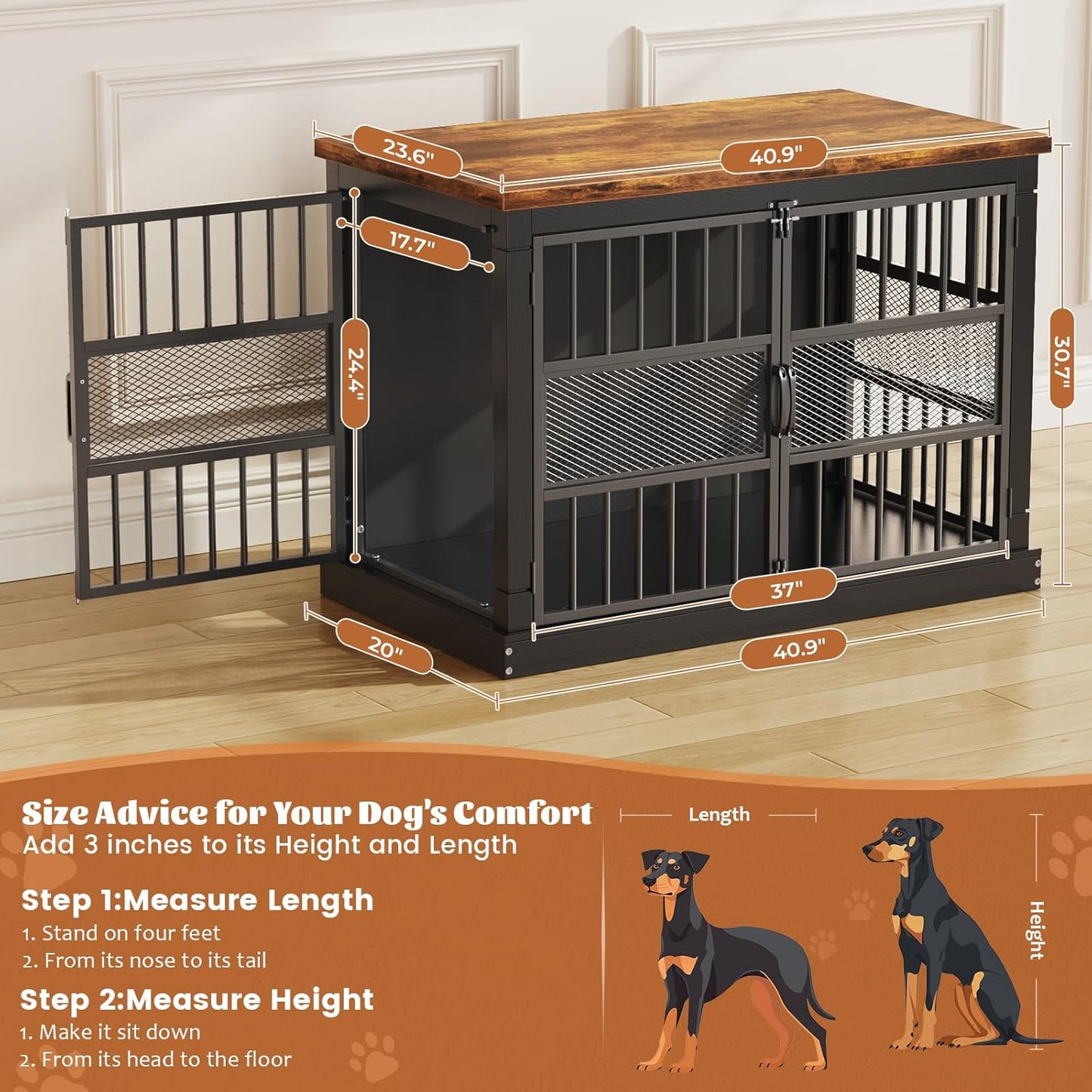 VOPEAK 40" Dog Crate Furniture, Chew Resistant Dog Crate for Dogs, Heavy Duty Dog Crates Dog Kennel Cage Indoor with Double Doors, End Table for Bedroom Living Room, Black