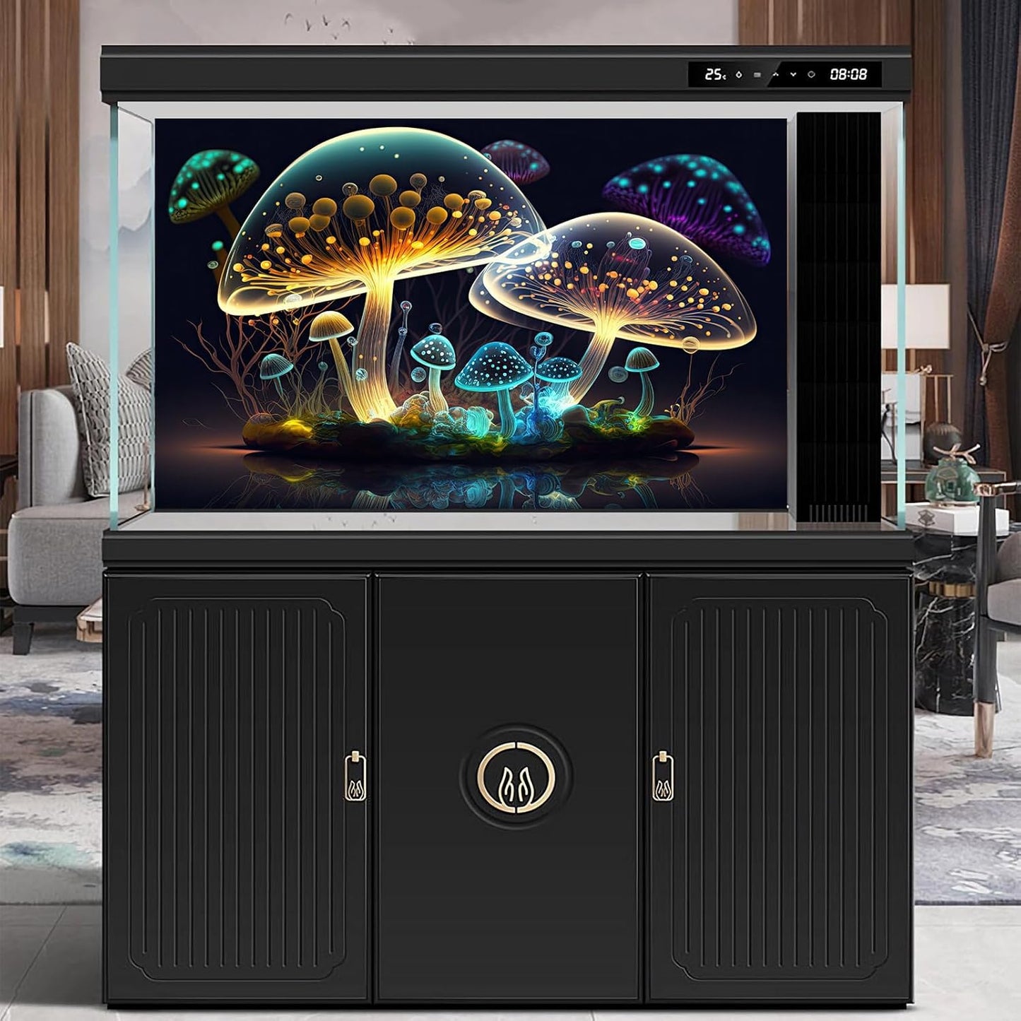 Mushroom Aquarium Background Abstract Glowing Fantasy Mushrooms Terrarium Background Mysterious Forest Magical Night In Circle Shape Crystal Glass Fish Tank Backdrop Decorations Vinyl 24x12in