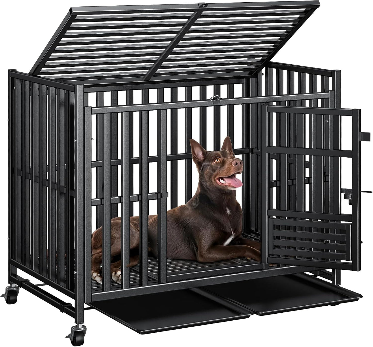 Upgraded 43.8 inch Heavy Duty Dog Crate, Reinforced Thickened Steel Frame Indestructible Kennel for Large & High Anxiety Dogs, Escape Proof Design with 3 Doors, 4 Lockable Wheels and 2 Removable Trays