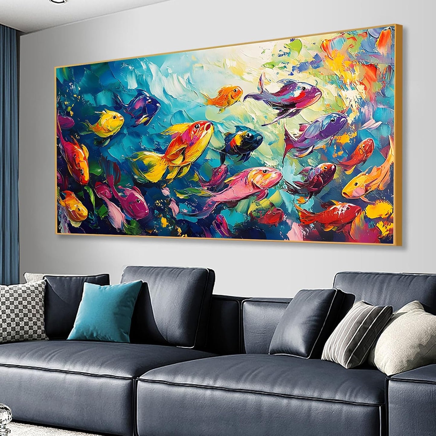 School of Fish Printed Canvas Wall Art – Framed Abstract Ocean Print – Vibrant Fish Wall Decor for Living Room, Bedroom, Office (Gold Framed, 31"x15"|80x40cm)