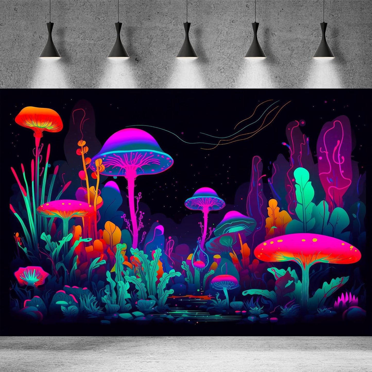 Mushrooms Aquarium Background Mushrooms in Dark Forest with Bright Colors Terrarium Background Tranquil Lake Cartoon Style Aquatic Plants Fish Tank Backdrop Poster Decorations Wallpaper Decor 60x24in