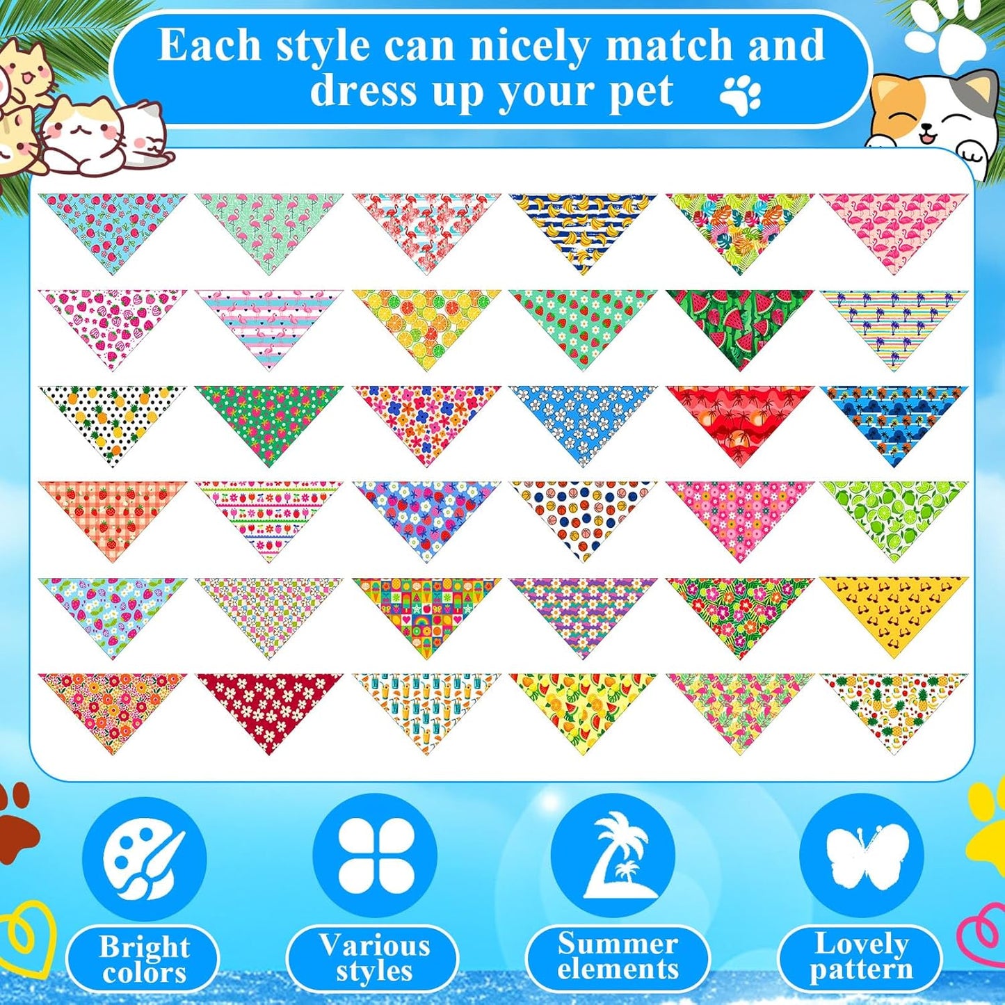 72 Pcs Hawaiian Dog Bandanas Bulk Summer Triangle Scarf Fruit Cat Bibs Puppy Scarf Flower Pet Bandanas for Puppy Cat Birthday Party Costume