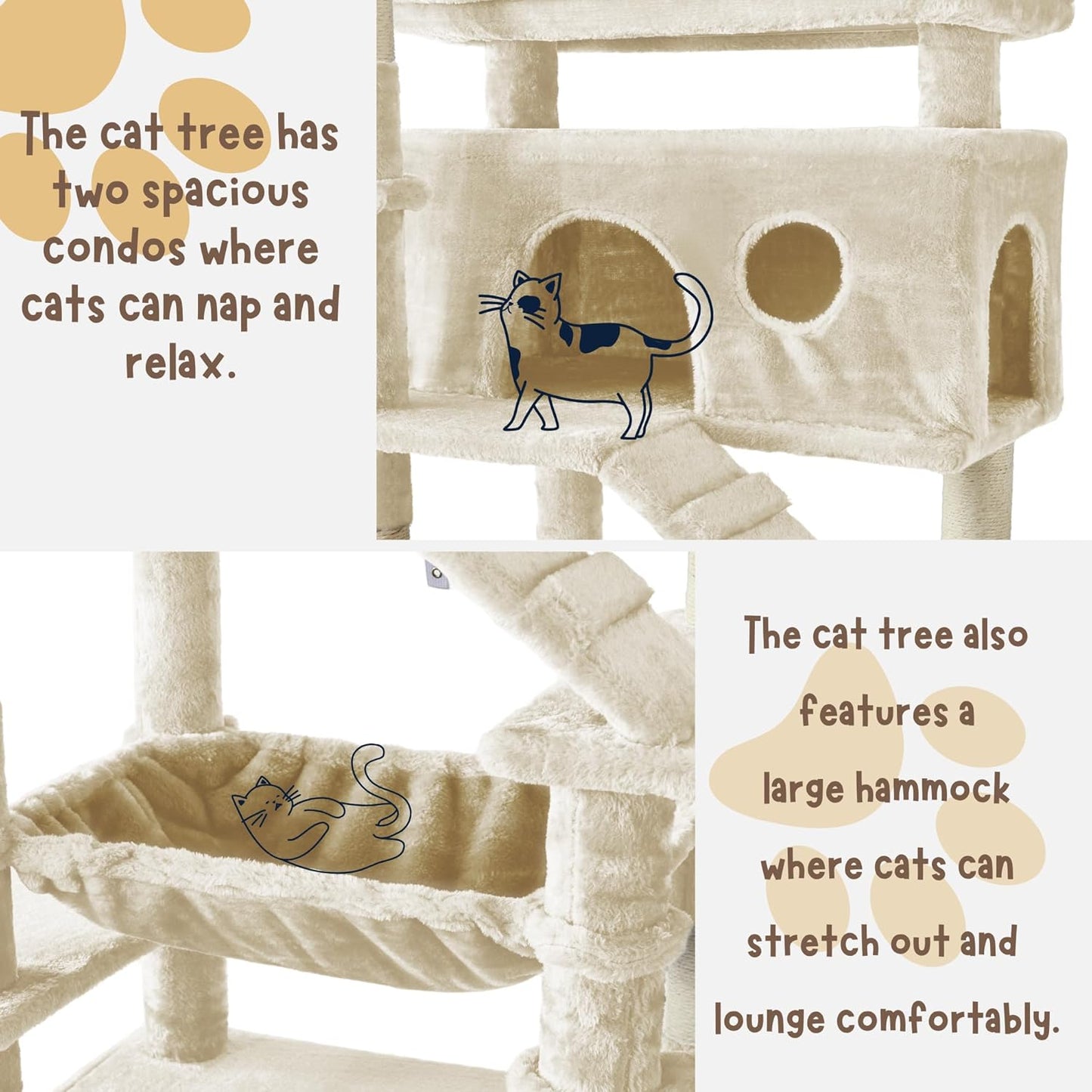Cat Tree, 80-Inch Large Cat Tower with 9 Scratching Posts, 2 Perches, 2 Caves, 2 Basket, 2 Stairs, Extra Large Hammock, Pompoms, Multi-Level Plush Cat Condo for Indoor Cats/Beige