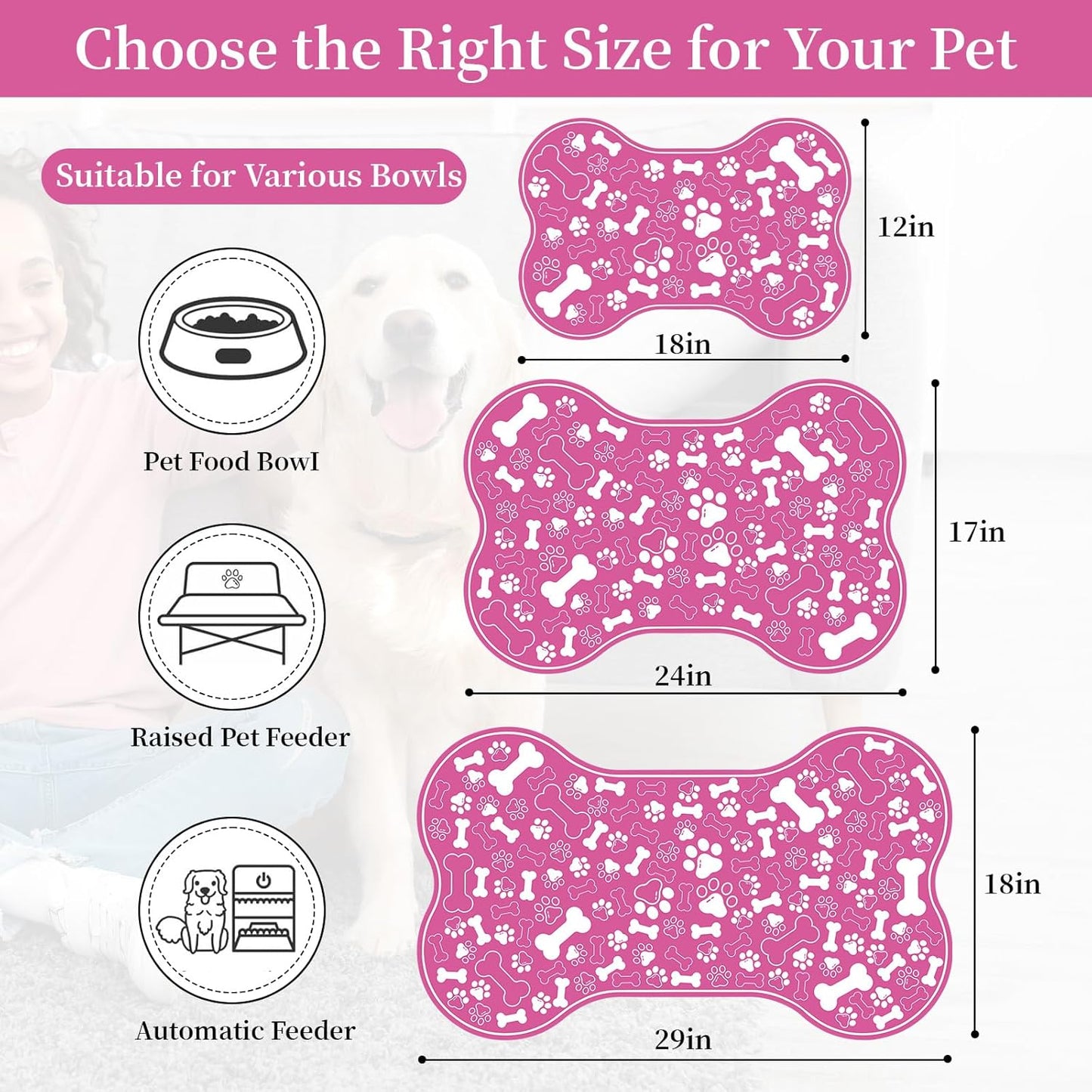 Dog & Cat Food Mat Bone Shaped Pet Feeding Mat Quick Absorb Water Bowl Placemat with Rubber Backing Indoor Floor Stain Resistant Pet Accessory Supplies (Pink, 17x29 Inches)