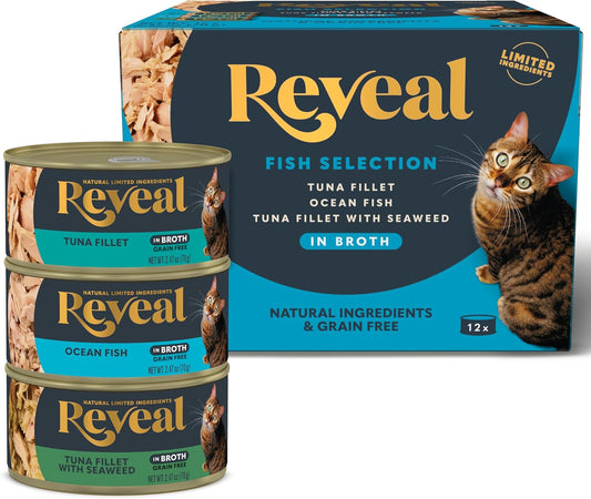 Reveal Natural Wet Canned Cat Food, Limited Ingredient, Grain-Free, Protein with No Artificial Additives, Fish Variety in Broth (12 x 2.47 oz Cans)